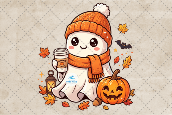 Download Cute Ghost Drinking Pumpkin Coffee Png - Pumpkin Collection